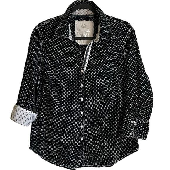 Cino Tops - Cino Crinkle Button Up Blouse 3/4 Sleeves Cotton Sz XL Flip Cuffs Polka Dot